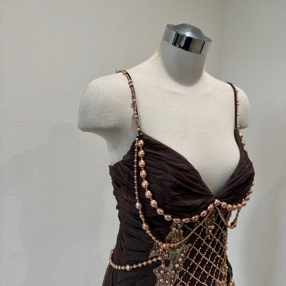 Mandalay Y2K Taupe Midi Dress with peach pearl beads, lace, sequence, sz 8 - Picture 4 of 12